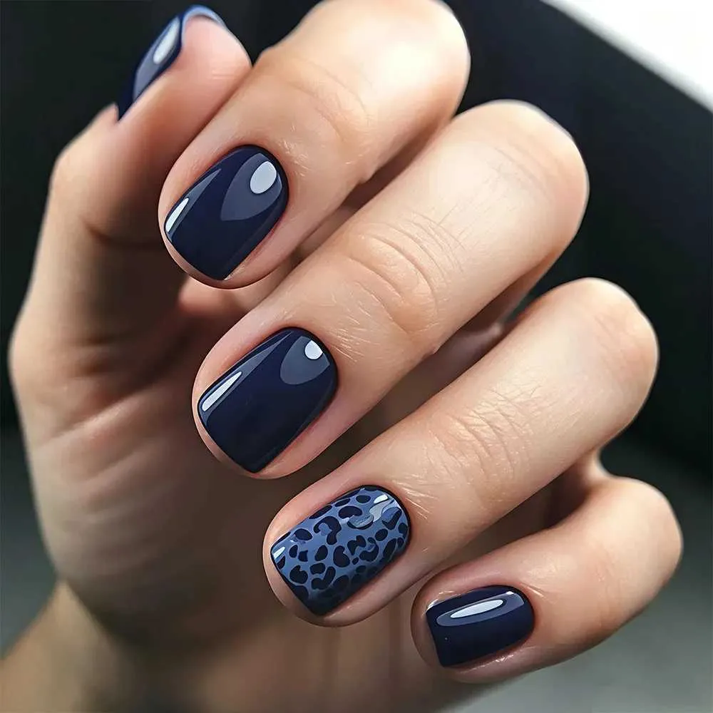 Navy Blue Leopard Print Short Square Nails Navy Blue Leopard Print Short Square Nails — Winter Square Nails
