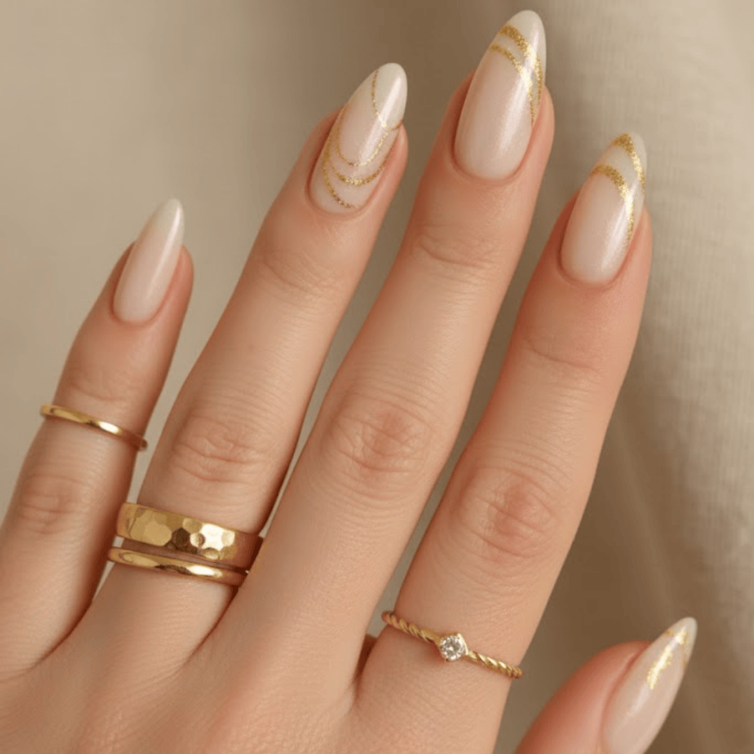 Sheer Nude Gold Swirl Almond Nails Sheer Nude Gold Swirl Almond Nails — Winter Formal Nails