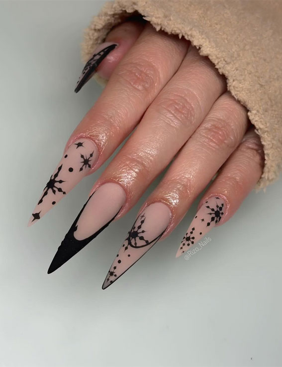 Nude Stiletto With Black Matte French Tips Nude Stiletto With Black Matte French Tips — Winter Stiletto Nails
