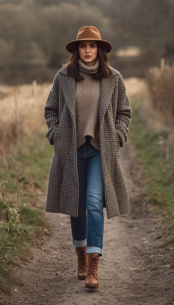 Houndstooth Coat with Turtleneck Sweater and Jeans — Boho Winter Outfits