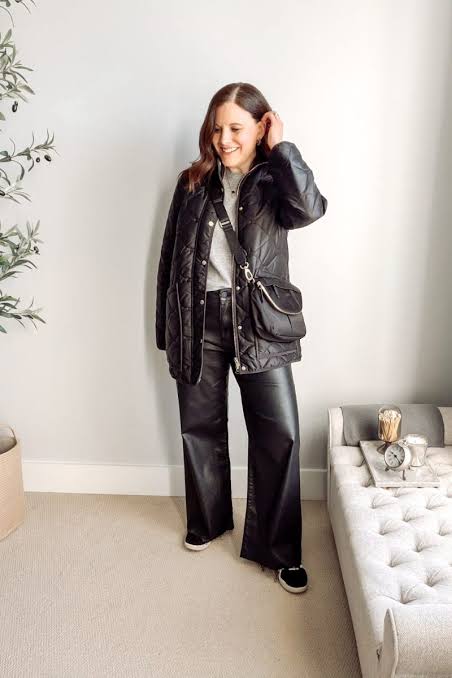 Quilted Black Jacket and Faux Leather Pants for a Chic Dinner — Winter Dinner Outfits