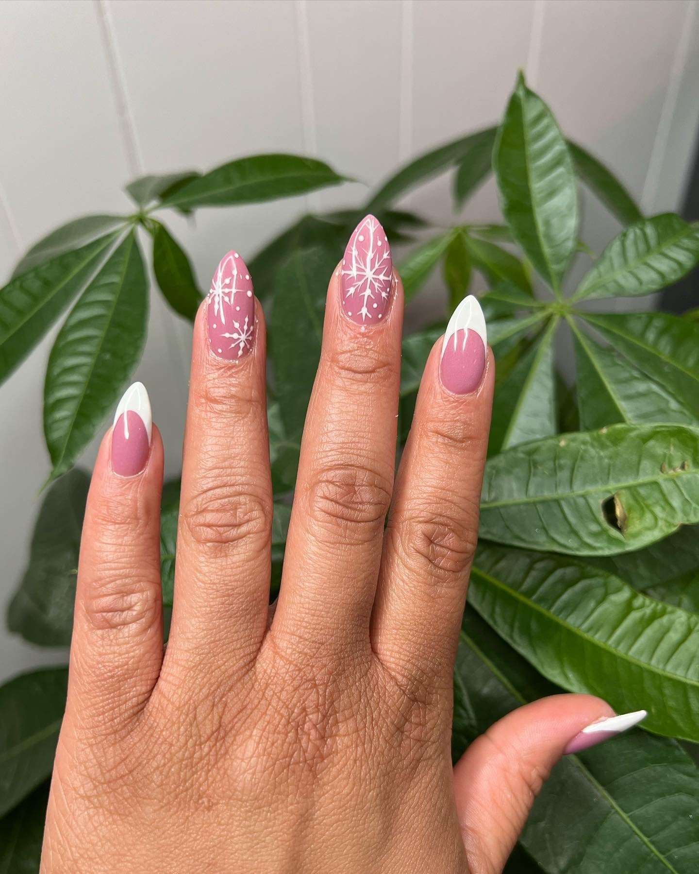 Dusty Rose with French Tips and Snowflakes Dusty Rose with French Tips and Snowflakes — Pastel Winter Nails