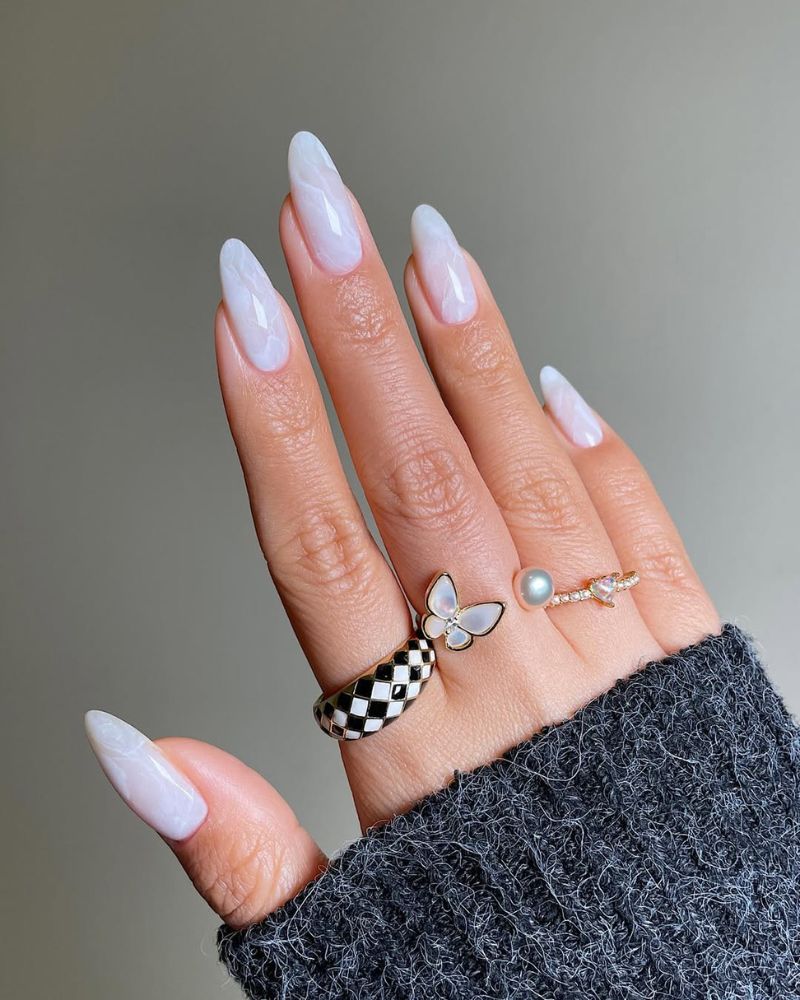 Milky White Grey Marble Almond Nails Milky White Grey Marble Almond Nails — Winter Almond Nails
