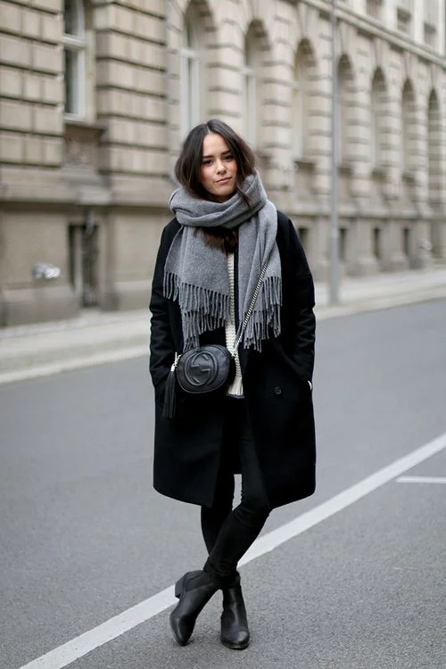 Black Wool Coat with Fringed Scarf — Italy Winter Outfits