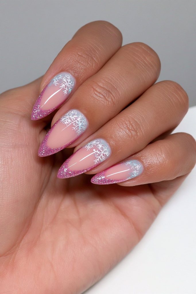 Glitter Pink French Snowflake Stiletto Nails Glitter Pink French Snowflake Stiletto Nails — Winter Acrylic Nails