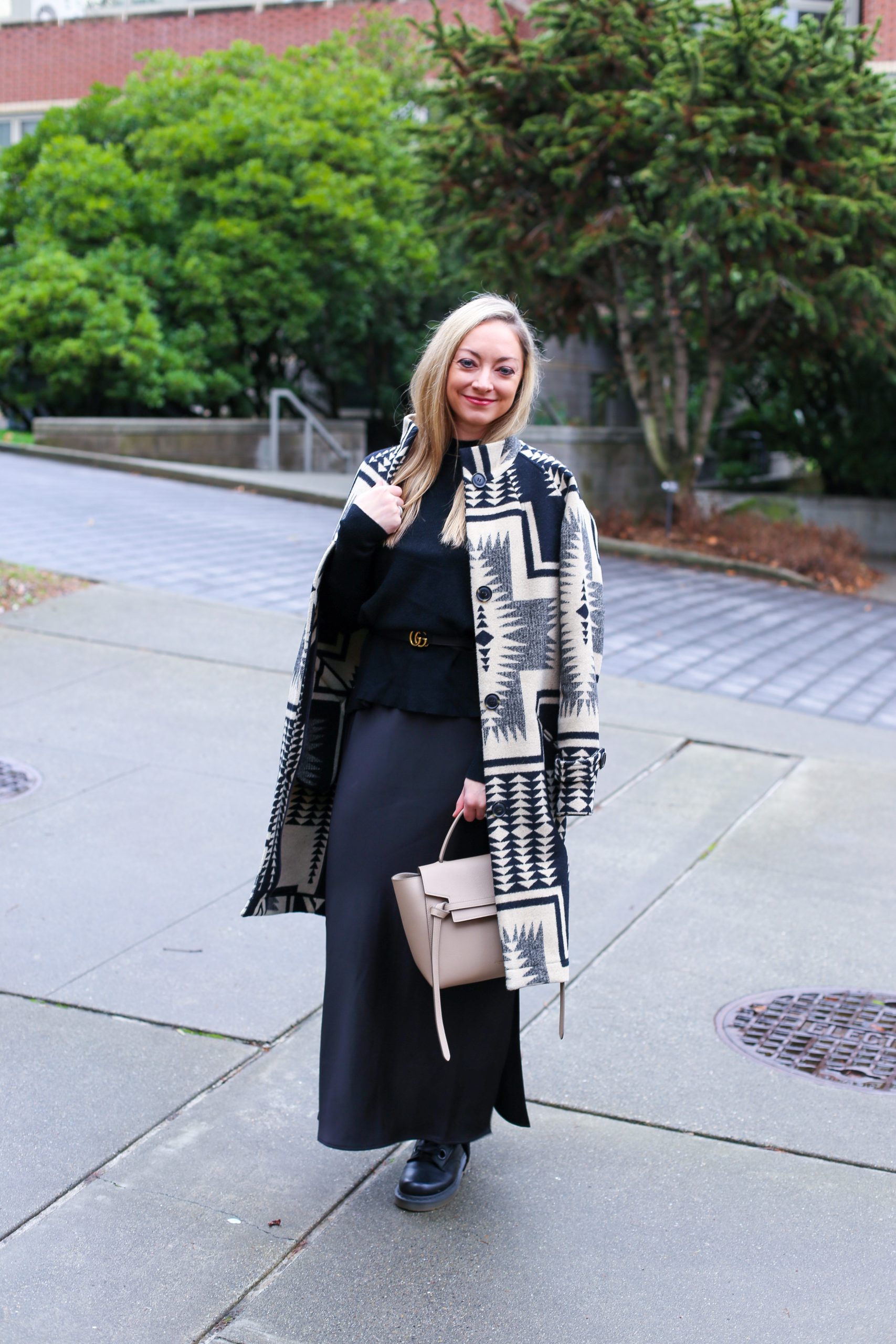 Patterned Coat Over Black Sweater and Maxi Skirt — Winter to Spring Transition Outfits