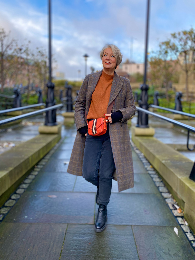 Brown Plaid Coat with Orange Turtleneck and Grey Denim — Late Winter Outfits