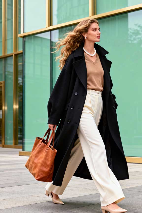 Elegant Black Coat with Wide-Leg Trousers — Black Coat Outfits