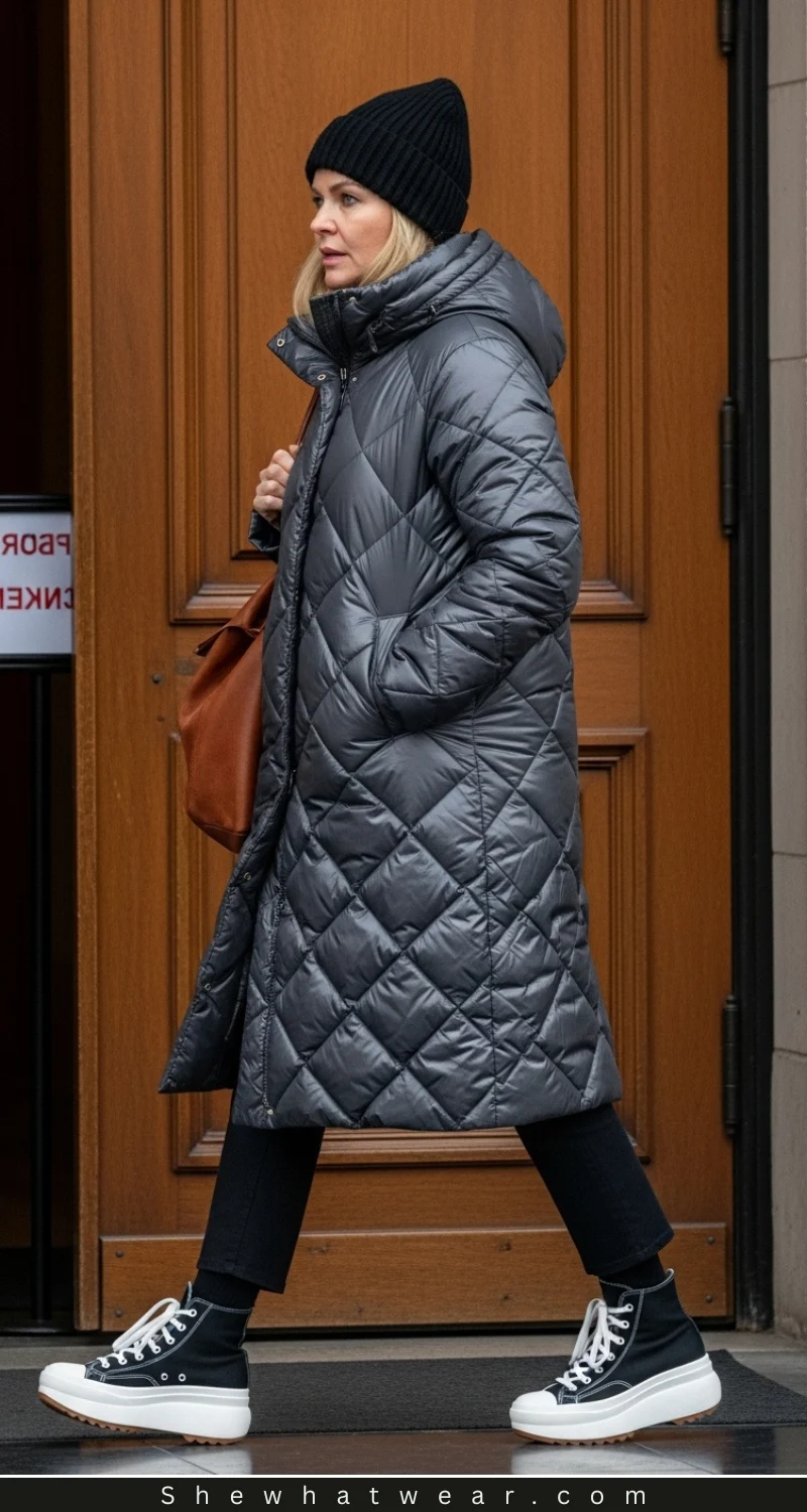 Grey Quilted Puffer with Diamond Pattern and Platform Sneakers — Long Puffer Coat Outfits
