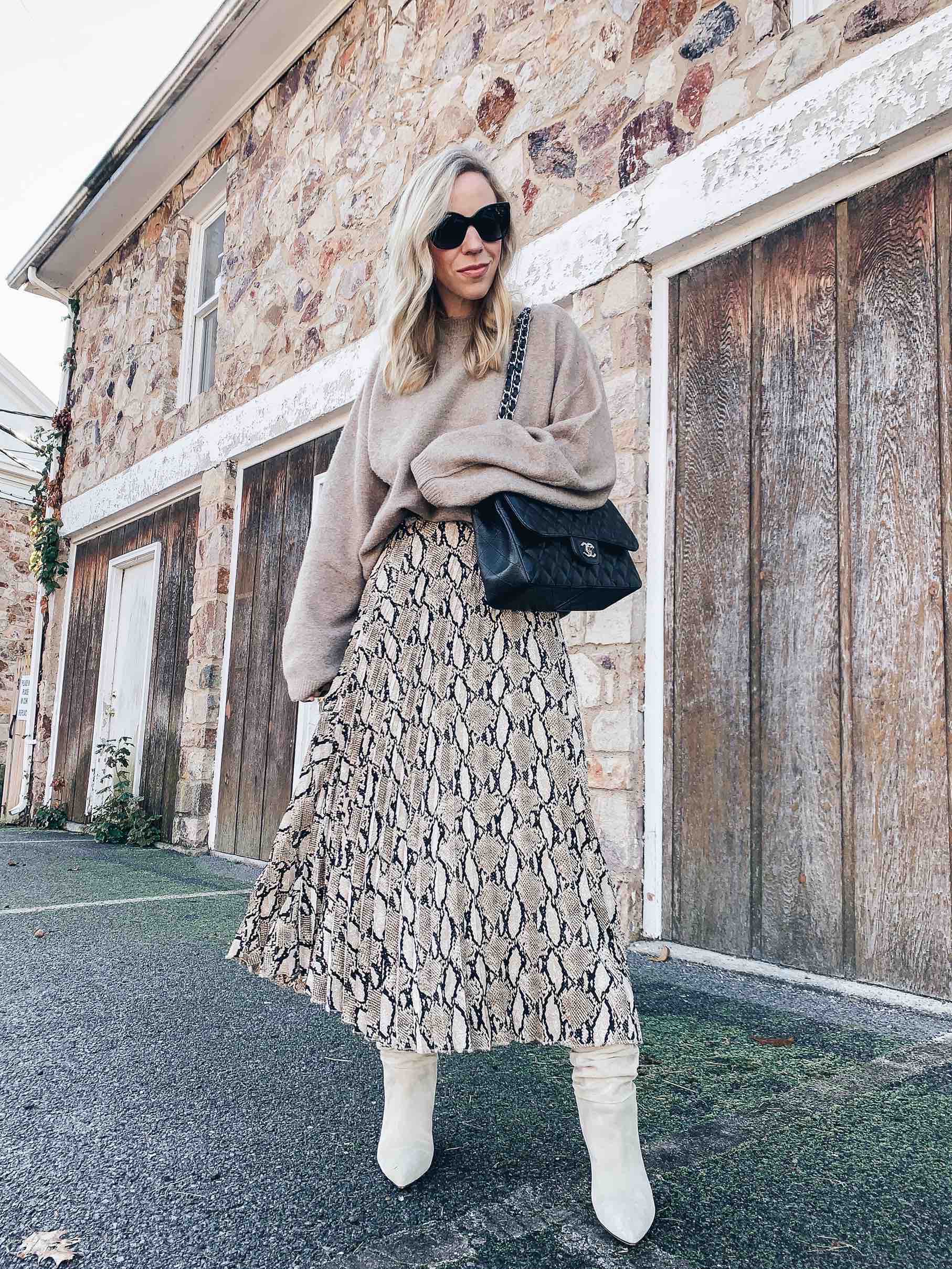 Snakeskin Skirt and Beige Sweater with Off-White Slouchy Boots Snakeskin Skirt and Beige Sweater with Off-White Slouchy Boots — Slouchy Boots Outfits
