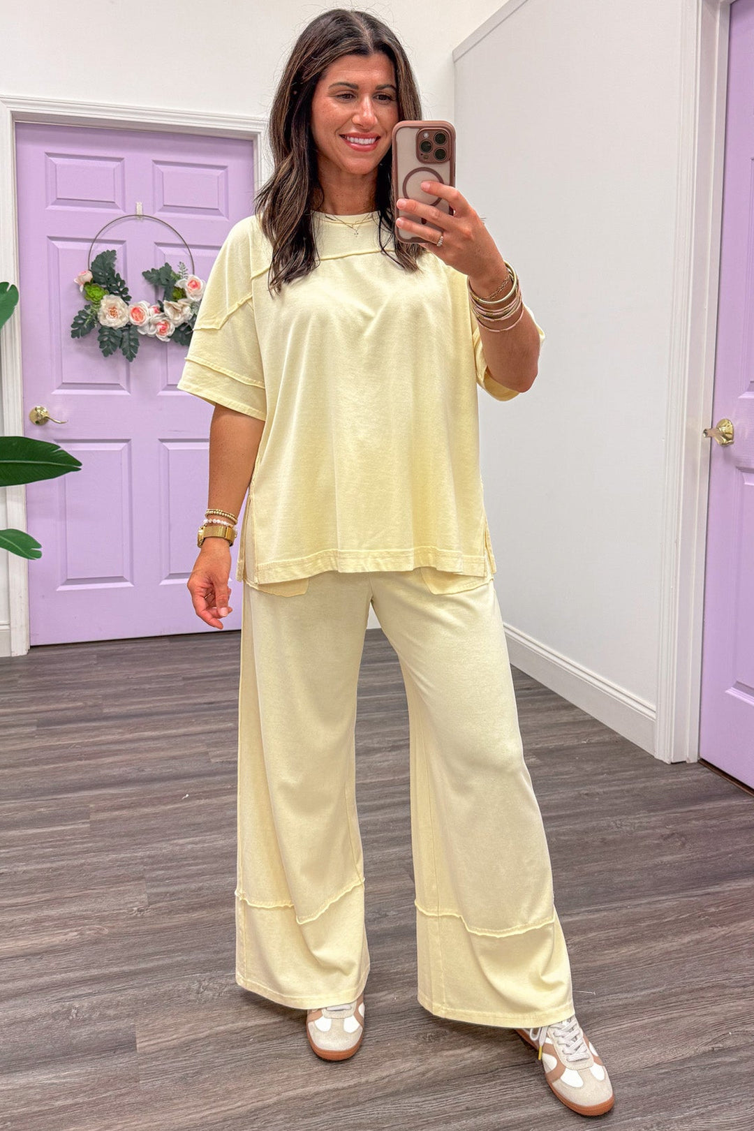 Pale Yellow Oversized Top and Wide-Leg Pants — Knit Set Outfits