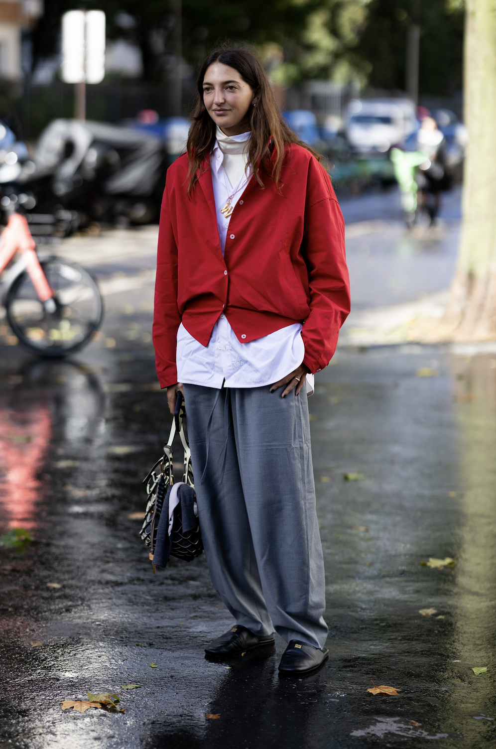 Oversized Red Jacket Layered Over Turtleneck and Wide-Leg Trousers — Cardigan Outfits