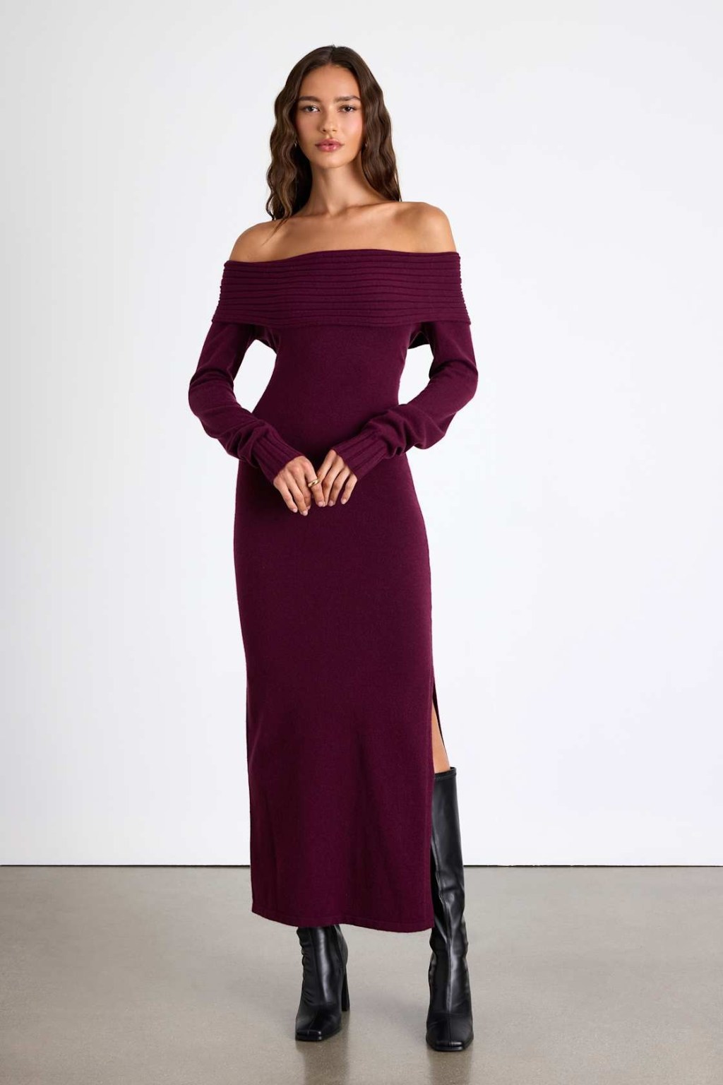 Deep Purple Off-the-Shoulder Knit Maxi Dress Deep Purple Off-the-Shoulder Knit Maxi Dress — Dressy Winter Outfits