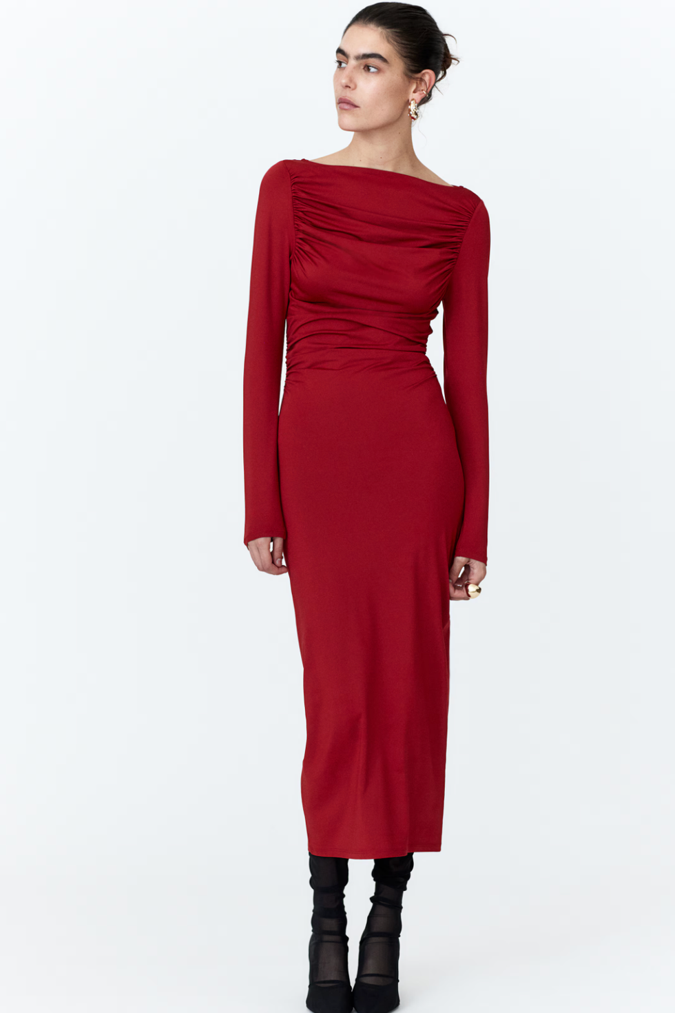 Red Jersey Dress with Draped Neckline and Opaque Tights Red Jersey Dress with Draped Neckline and Opaque Tights — Winter Wedding Guest Outfits