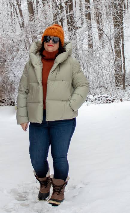 Vibrant Color Contrast: Sage Green Puffer with Rust Orange — Winter Puffer Jacket Outfits