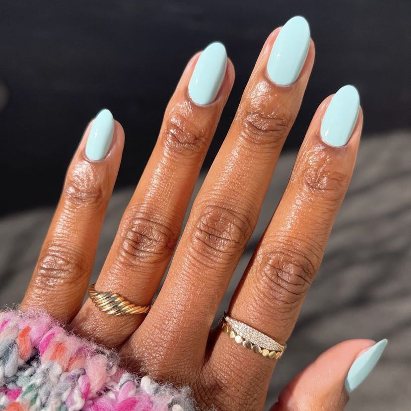 Cool Toned Glossy Light Blue Almond Nails Cool Toned Glossy Light Blue Almond Nails — Winter Nail Colors for Women Over 40