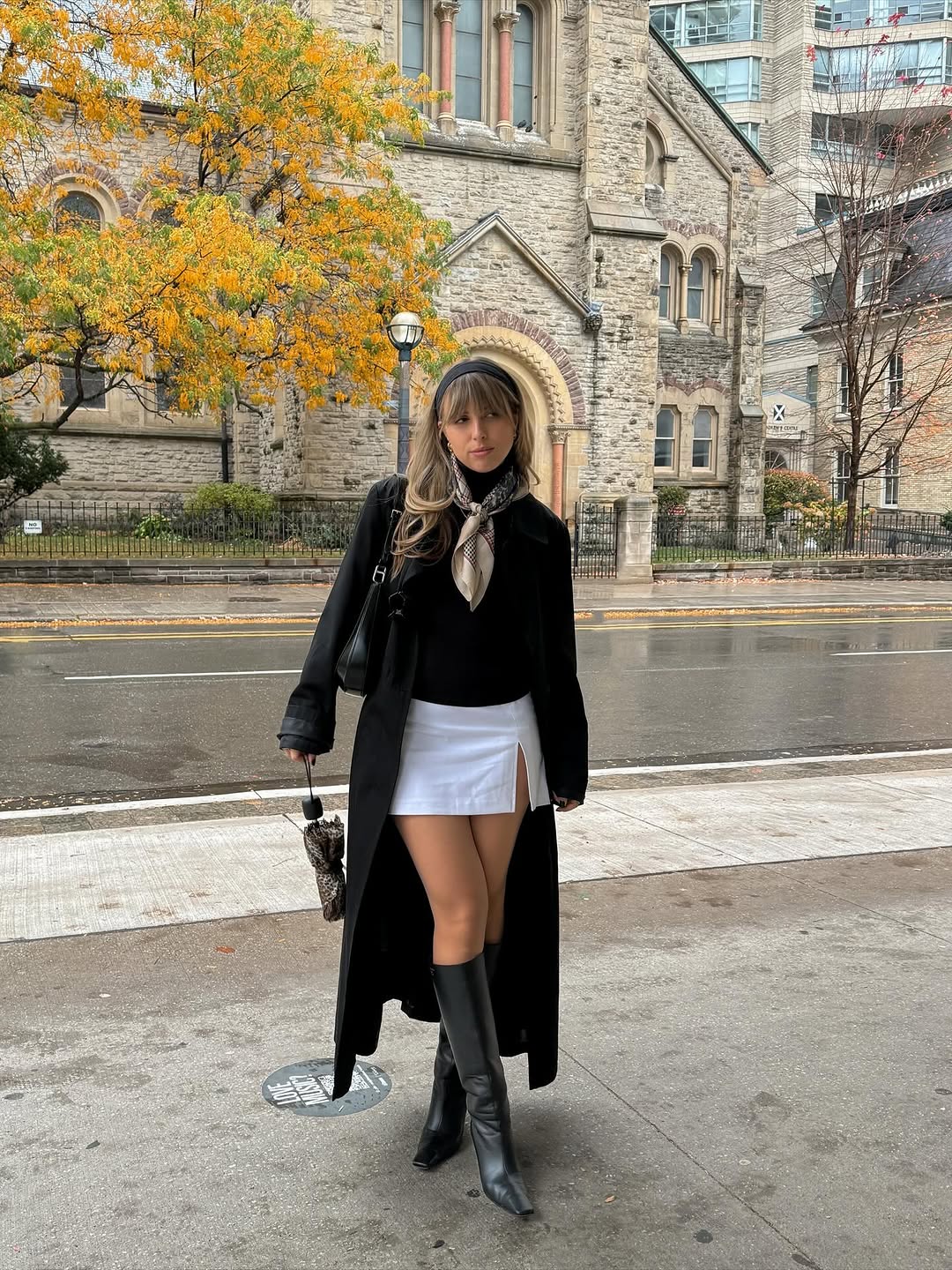Black Turtleneck with White Skort and Trench Coat — Turtleneck Outfits