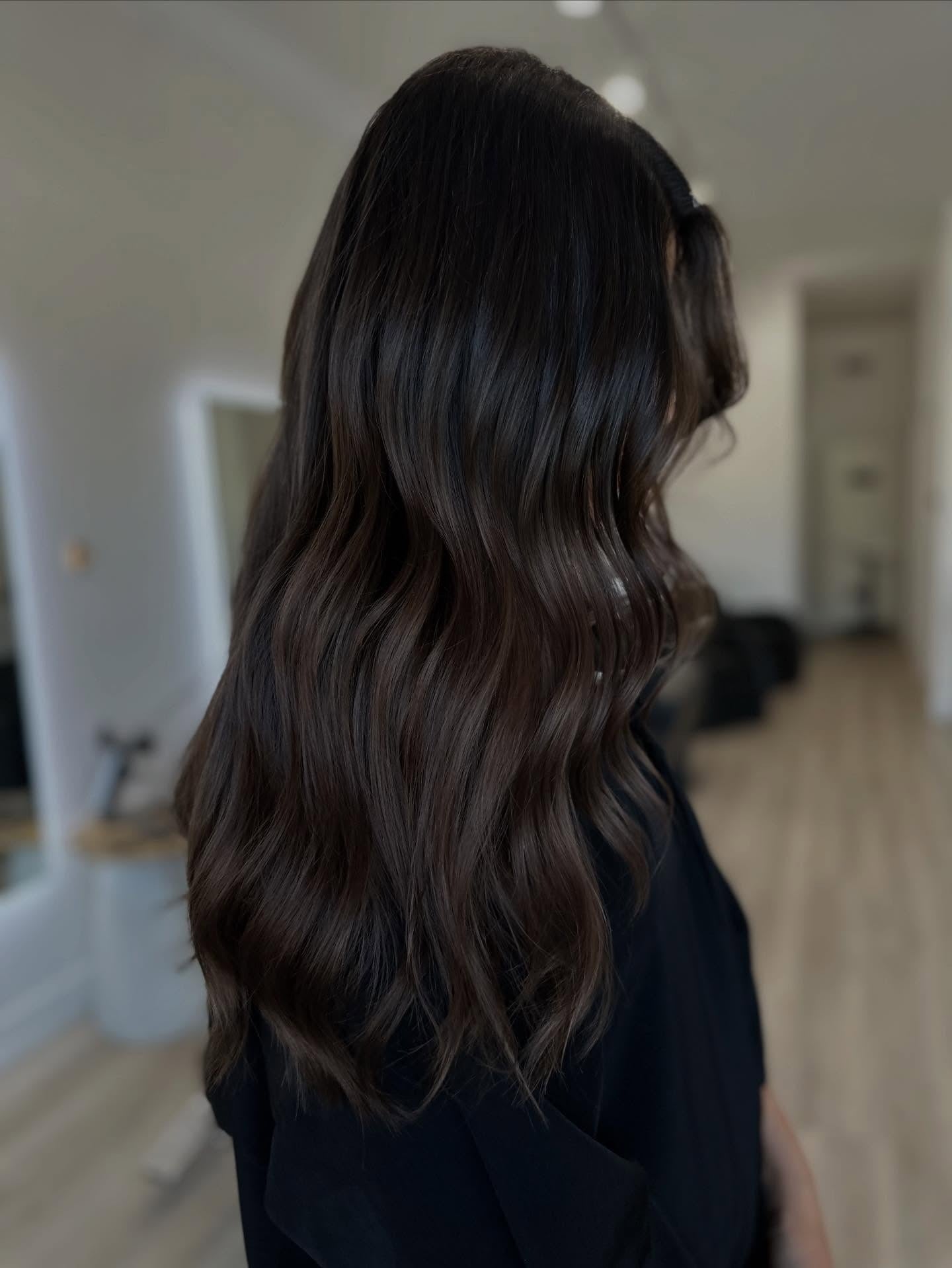 Layers Mid-Back Waves Subtle Highlights — Dark Chocolate Brown Hair