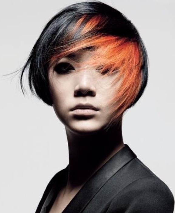 Asymmetrical Bob With Orange Highlights — Winter Hair Colors for Short Hair