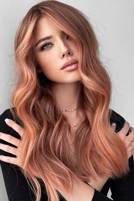 Golden Copper Blonde with Curtain Bangs Golden Copper Blonde with Curtain Bangs — Winter Hair Colors for Blondes