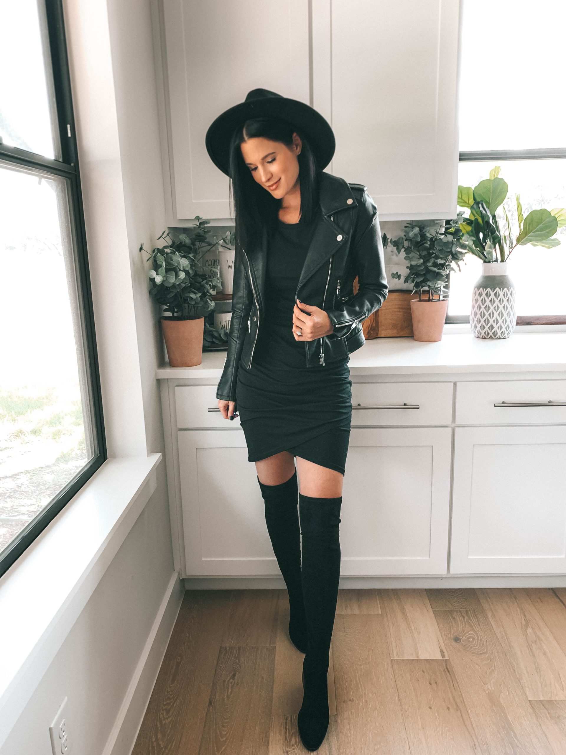 Leather Moto Jacket with Over-the-Knee Boots for Edgy Appeal Leather Moto Jacket with Over-the-Knee Boots for Edgy Appeal — All Black Winter Outfits