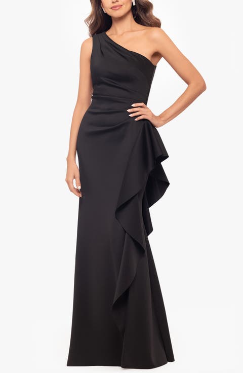 Black One-Shoulder Satin Maxi Dress with Ruffle Detail Black One-Shoulder Satin Maxi Dress with Ruffle Detail — Dressy Winter Outfits