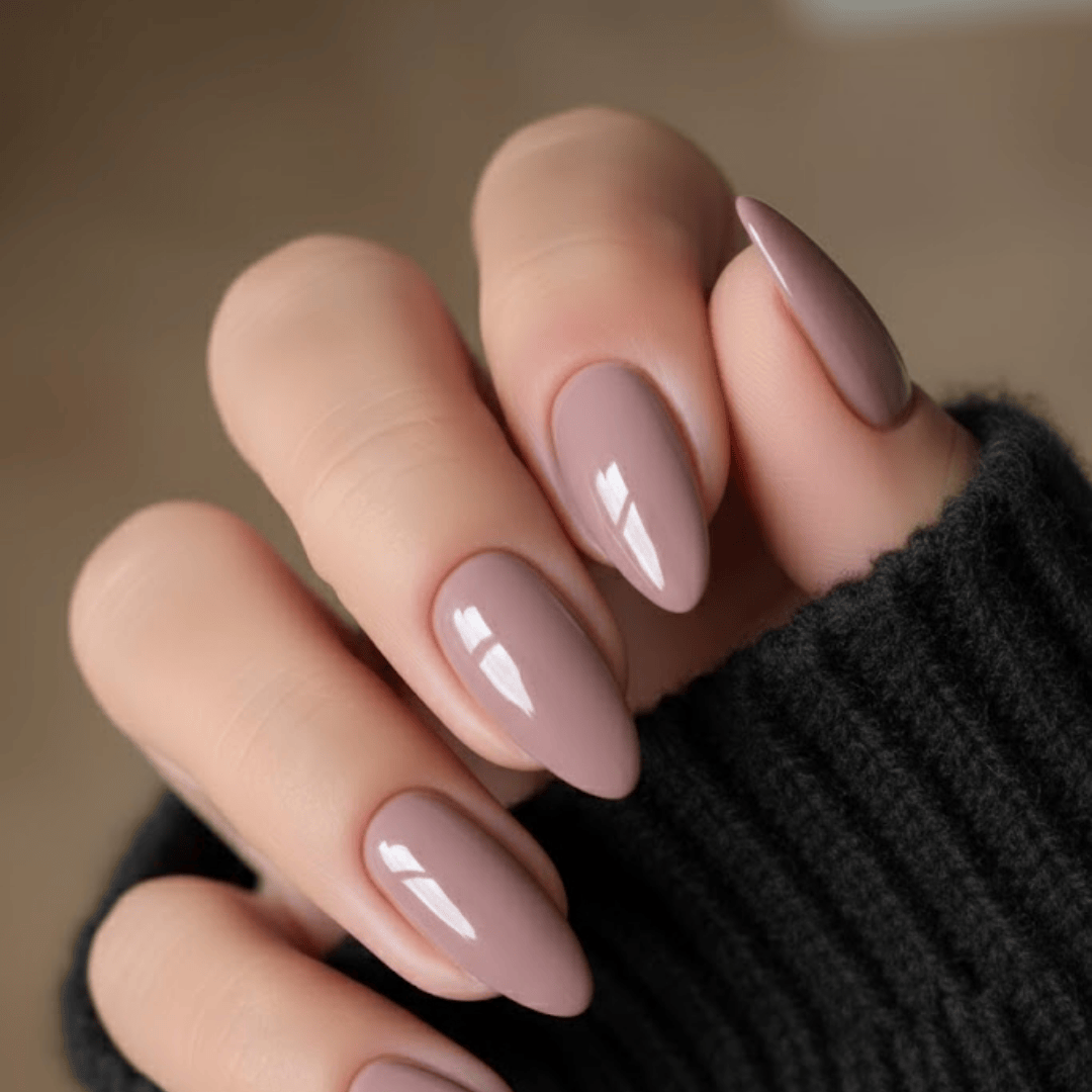 Glossy Muted Mauve-Pink Medium Almond Nails Glossy Muted Mauve-Pink Medium Almond Nails — Winter Nail Colors for Pale Skin
