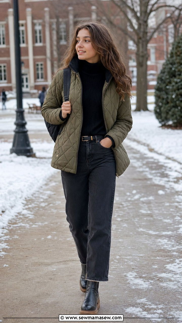 Quilted Puffer Jacket over Turtleneck Quilted Puffer Jacket over Turtleneck — Winter School Outfits