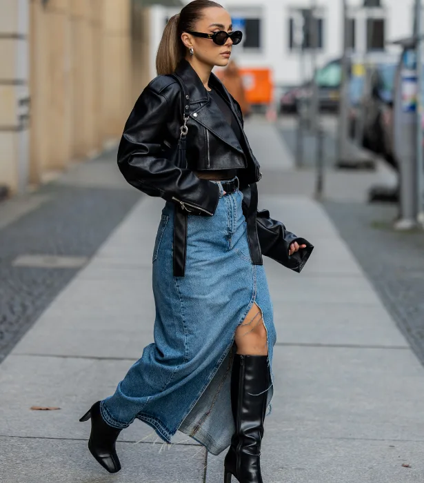 Leather Biker Jacket with Denim Maxi Skirt for Edgy Y2K Leather Biker Jacket with Denim Maxi Skirt for Edgy Y2K — Y2K Winter Outfits