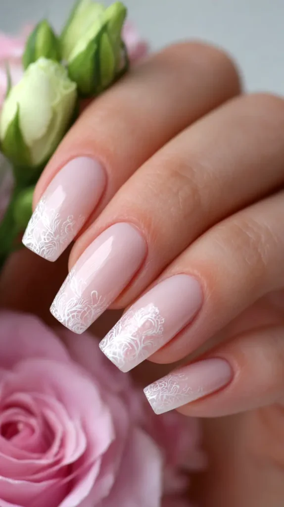 Glossy Sheer Pink Lace French Edge Glossy Sheer Pink Lace French Edge — Lace Nails