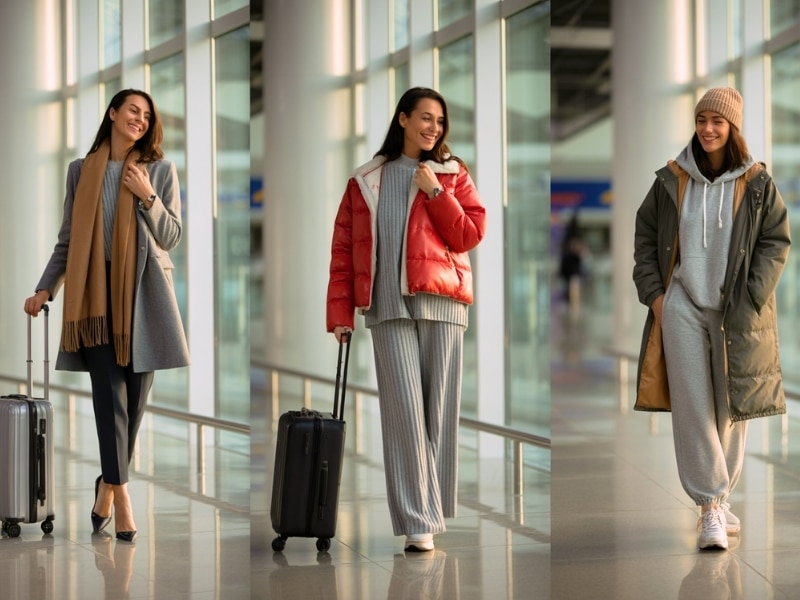 Puffer Jackets and Knit Sets for Group Travel — Winter Airport Outfits