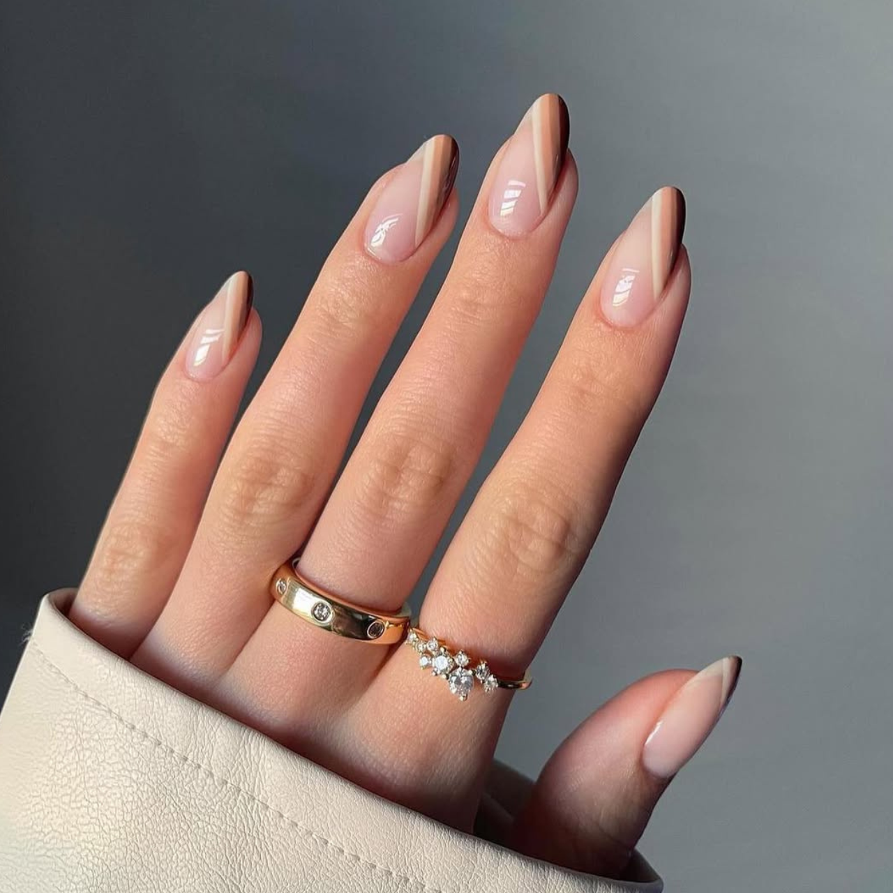 Nude Base with Diagonal Brown French Tips — Mocha Nails