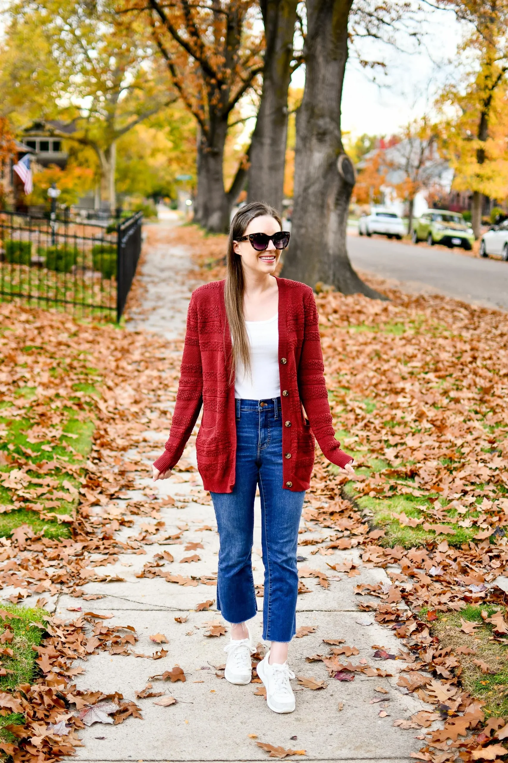 Red Textured Cardigan with Cropped Jeans and White Sneakers — Cardigan Outfits