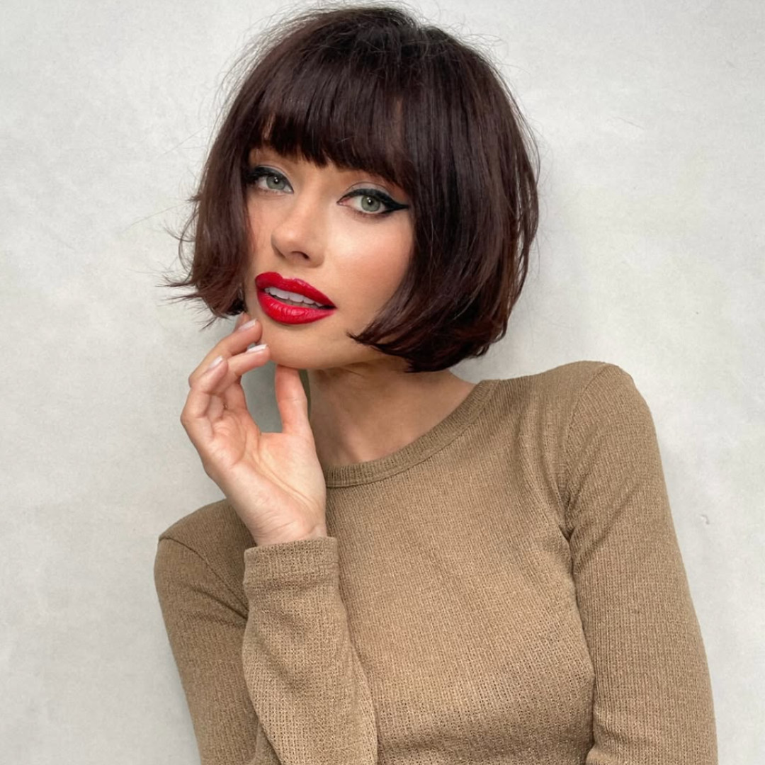 Dark Brown Bob With Full Fringe — Winter Hair Colors for Short Hair