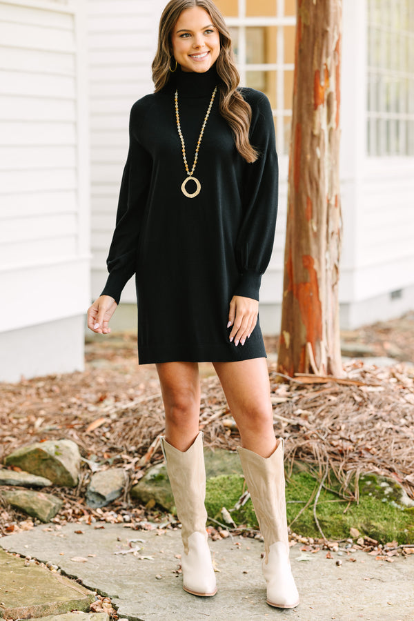 Black Turtleneck Sweater Dress with Balloon Sleeves — Turtleneck Outfits