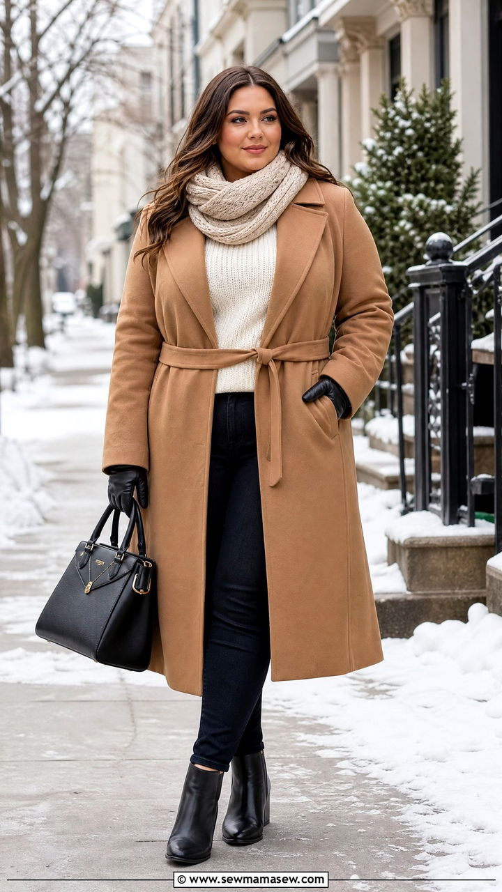 Camel Tie-Waist Coat for a Defined and Chic Winter Silhouette Camel Tie-Waist Coat for a Defined and Chic Winter Silhouette — Winter Outfits for Curvy Women