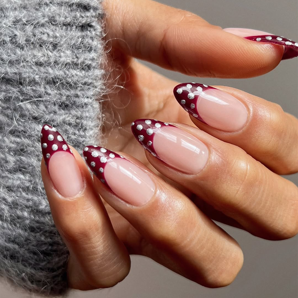 Burgundy Silver Dot French Tip Almonds Burgundy Silver Dot French Tip Almonds — Winter Formal Nails