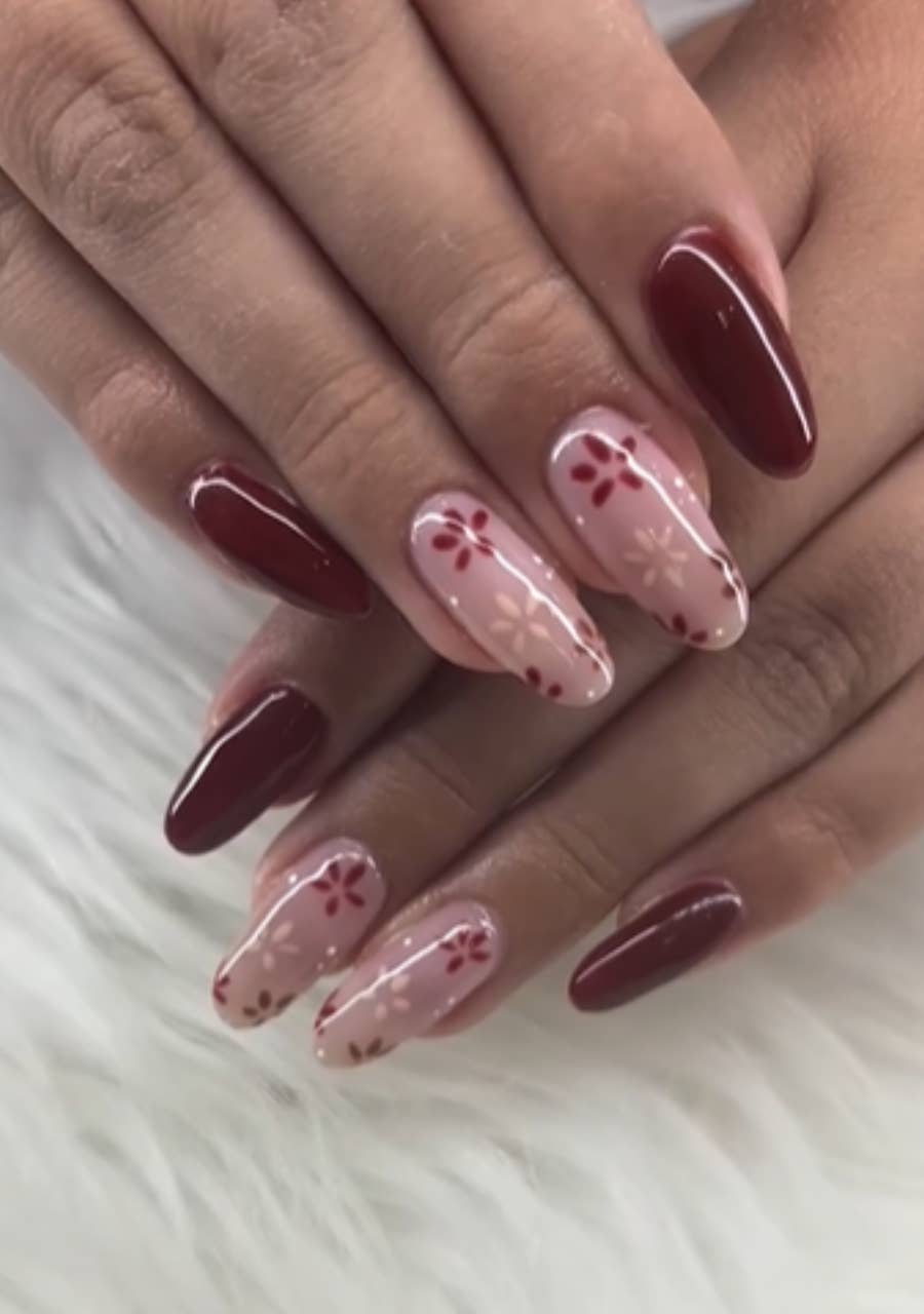 Burgundy with Pale Pink Floral Accents Burgundy with Pale Pink Floral Accents — Burgundy Nails