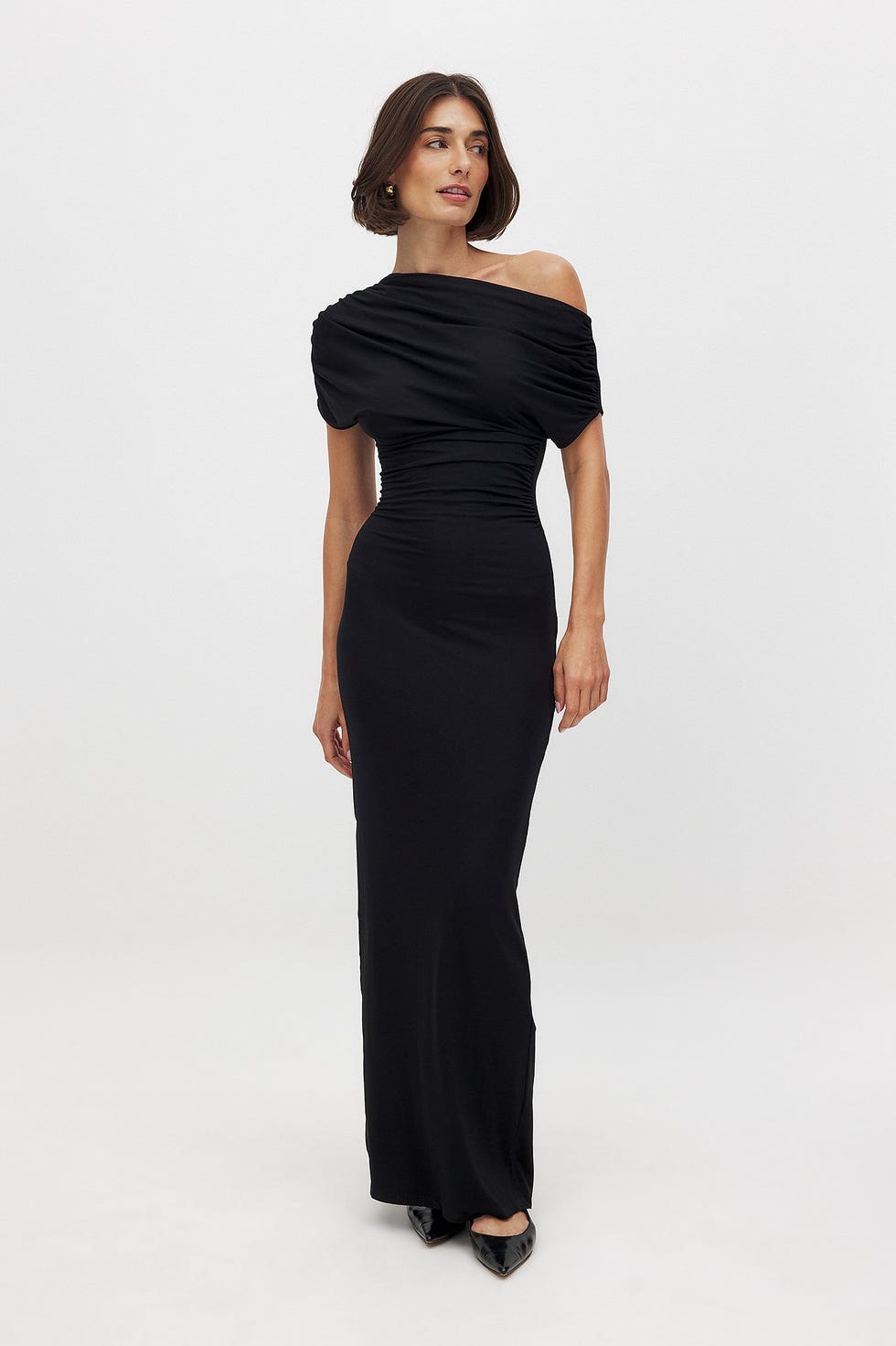 Black Jersey One-Shoulder Dress with Dramatic Ruching Black Jersey One-Shoulder Dress with Dramatic Ruching — Winter Wedding Guest Outfits