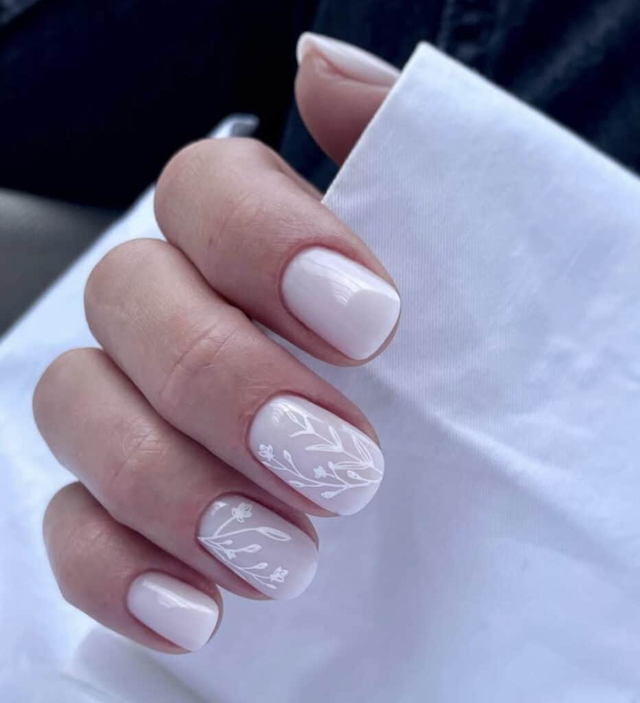 Pale Milky Pink Squoval with Floral Art Pale Milky Pink Squoval with Floral Art — Milky White Nails
