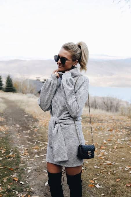 Chic Silhouette: Grey Knit Dress with Over-the-Knee Boots — Minimalist Winter Outfits