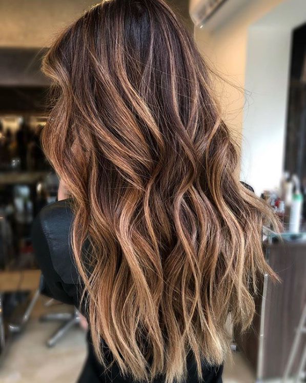 Back View Dark Brown With Caramel Blonde Balayage — Cinnamon Brown Hair