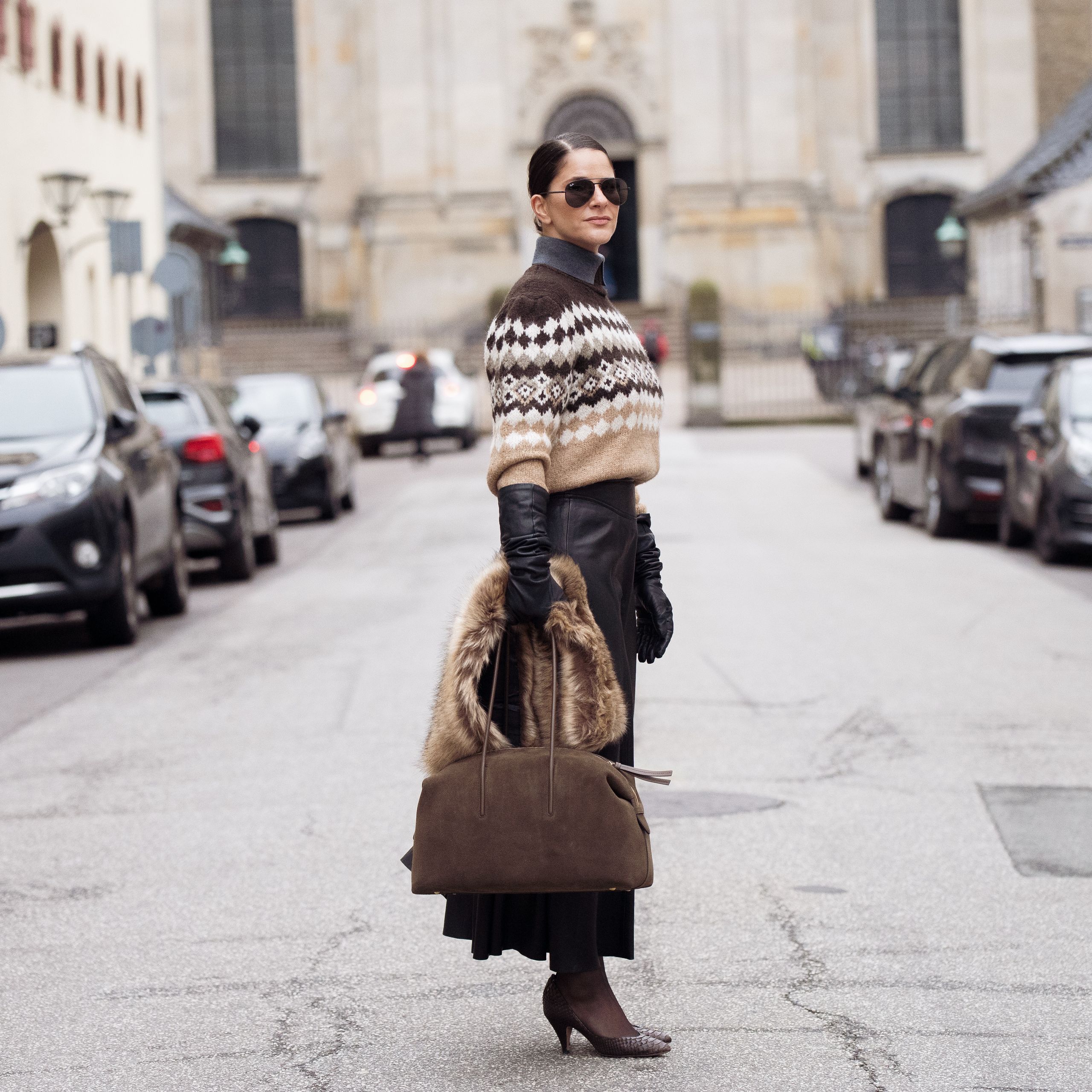 Patterned Sweater with Leather Skirt and Fur-Trimmed Handbag — Boho Winter Outfits