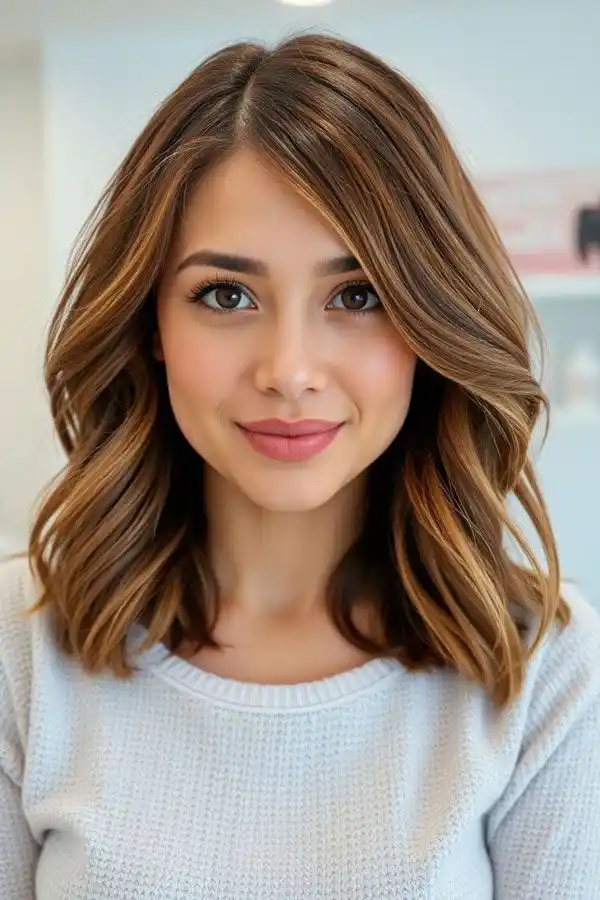 Warm Brown Lob with Textured Waves Warm Brown Lob with Textured Waves — Winter Haircuts for Oval Faces