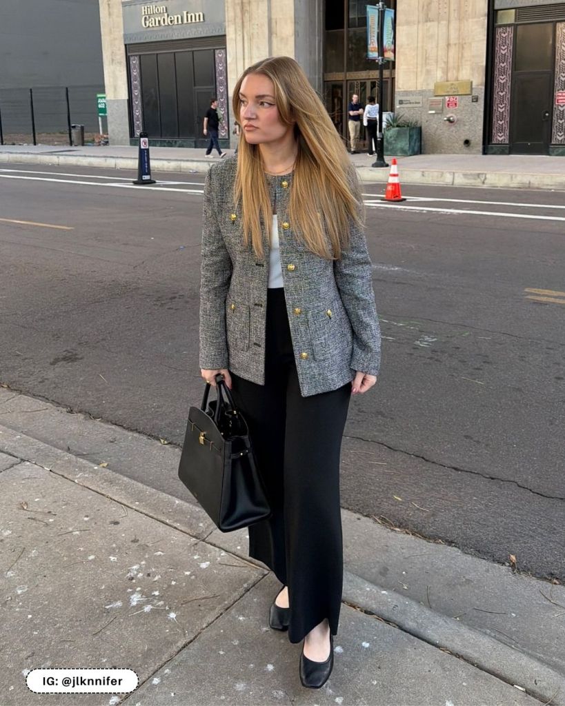 Grey Tweed Blazer with Gold Buttons and Black Wide-Leg Trousers Grey Tweed Blazer with Gold Buttons and Black Wide-Leg Trousers — Winter Work Outfits