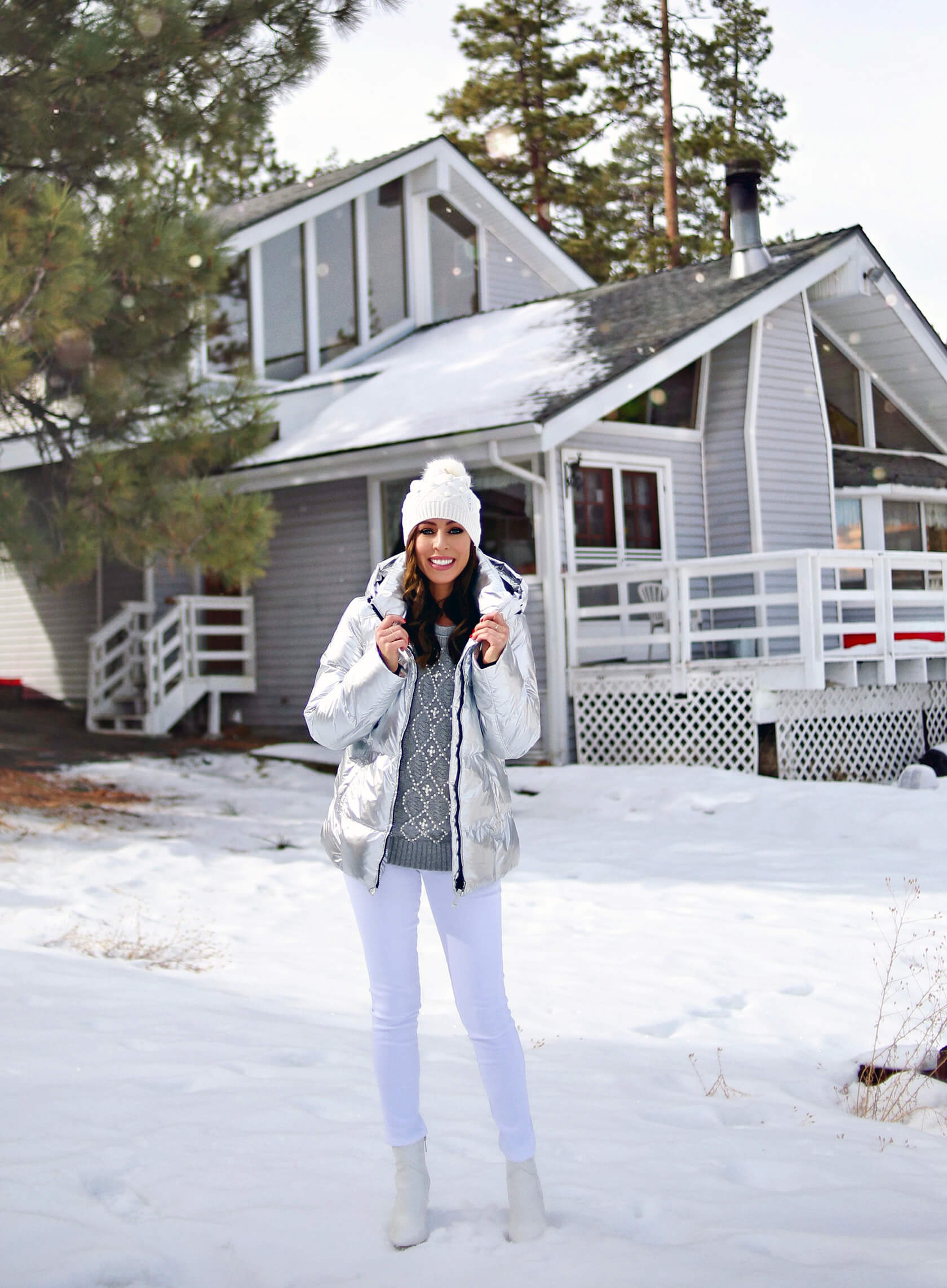 Futuristic Shine: Silver Puffer with Grey Knit and White Boots — Winter Puffer Jacket Outfits