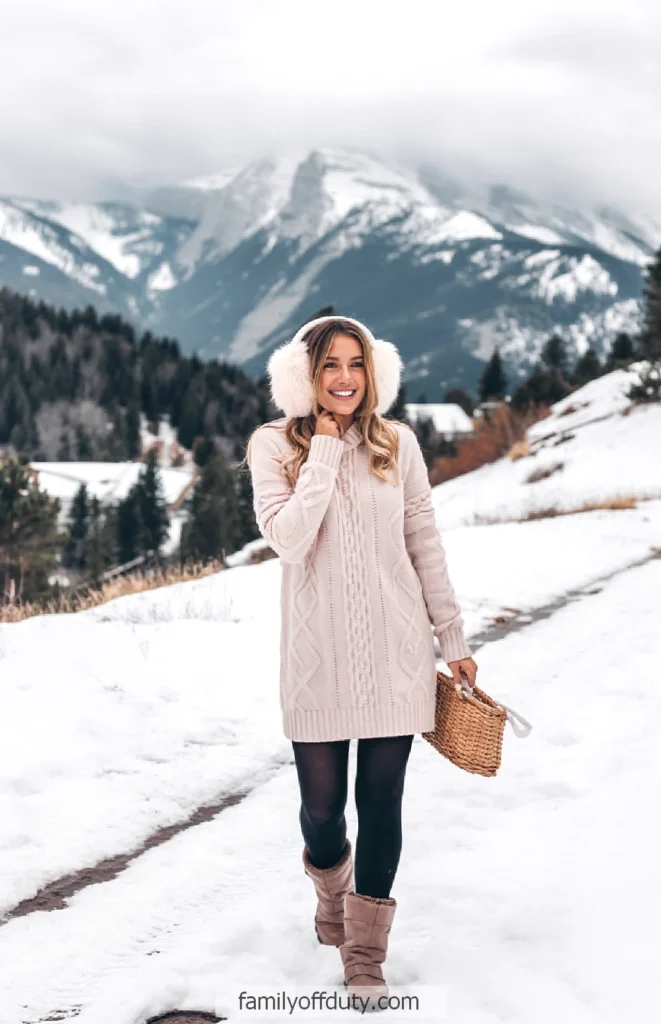 Cozy Knit Dress: White Earmuffs with Sweater Dress Cozy Knit Dress: White Earmuffs with Sweater Dress — Earmuffs Outfits