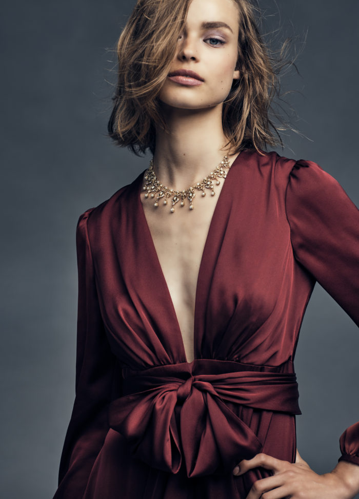 Deep Red Satin Long-Sleeve Dress with Bow Detail Deep Red Satin Long-Sleeve Dress with Bow Detail — Winter Formal Dresses