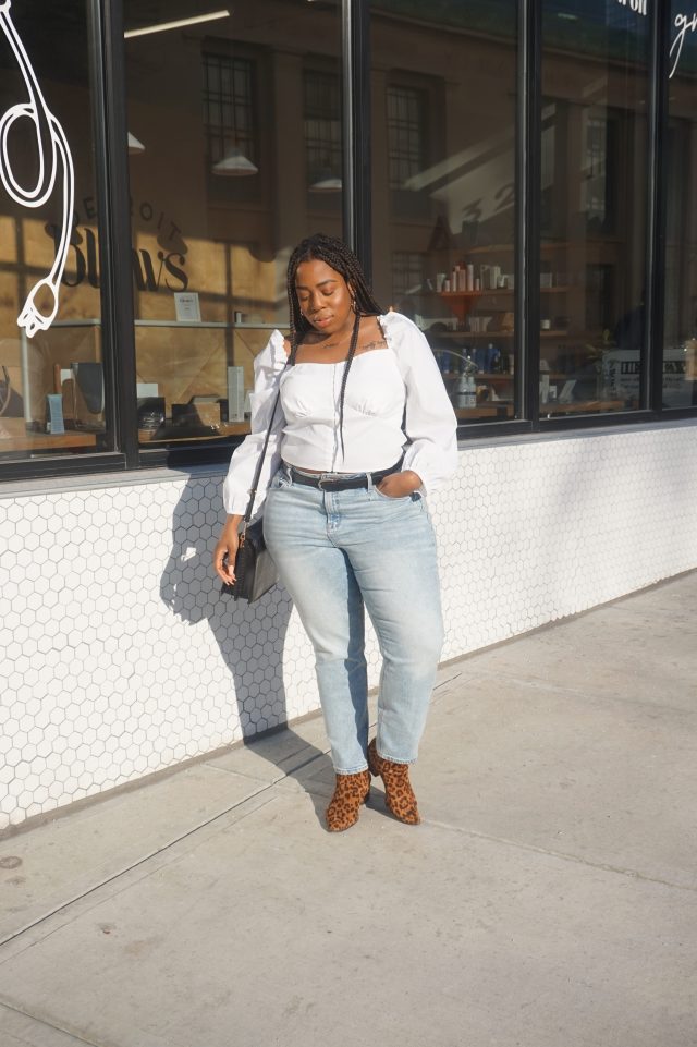 Square-Neck Top with Jeans and Leopard Print Boots — Winter to Spring Transition Outfits