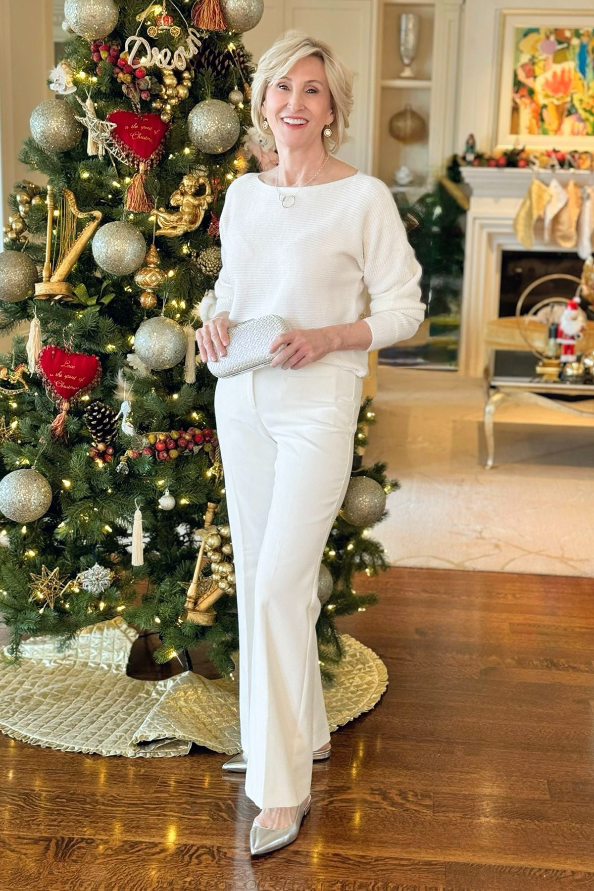 White Ribbed Sweater and Trousers with Silver Heels — Winter White Outfits
